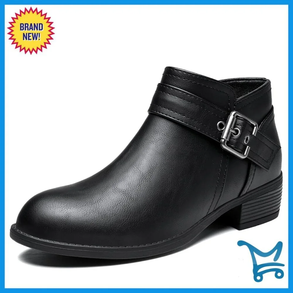 Leather Ankle Boots Low Heel Chelsea Booties Side Zipper Winter Snow Shoes